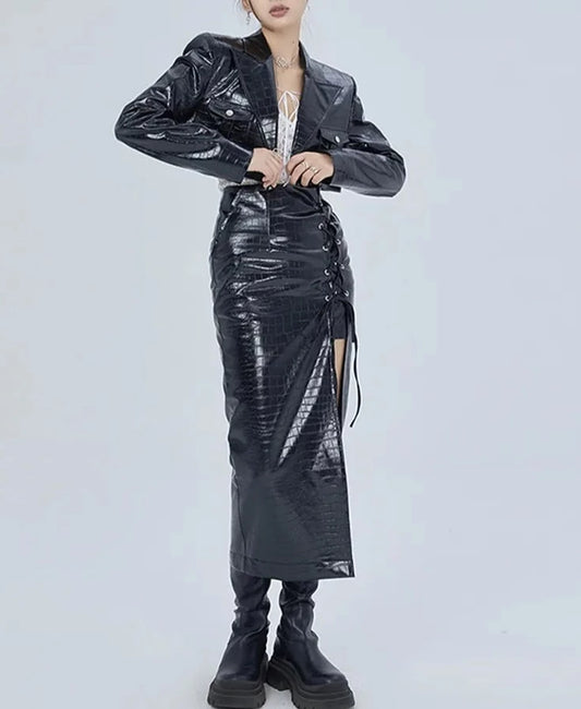 2 Piece Leather Jacket and Maxi Skirt Set